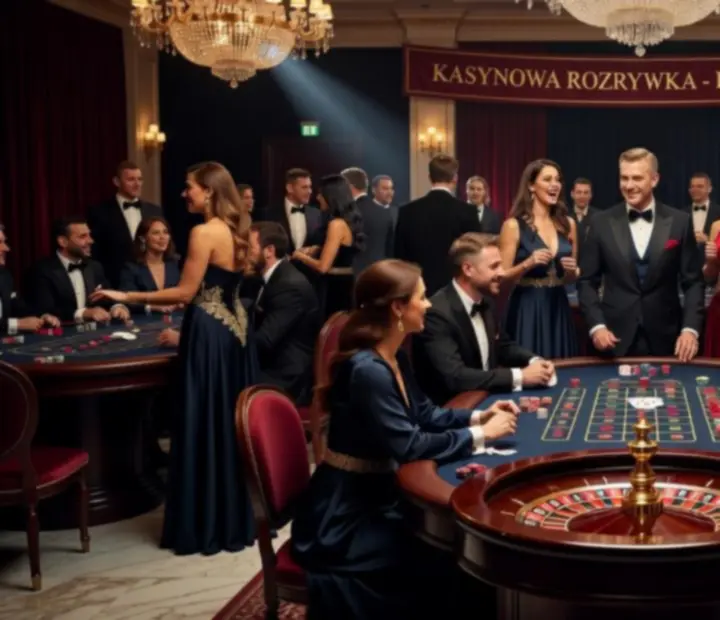 Uczestnicy eleganckiego wieczoru casino przy stołach do gier