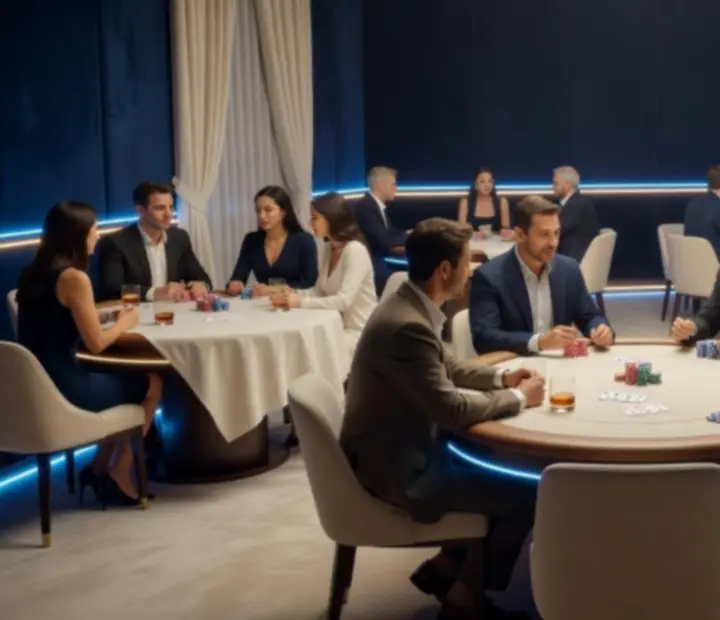 Cinematiczny klimat sali pokerowej z nastrojowym oświetleniem.